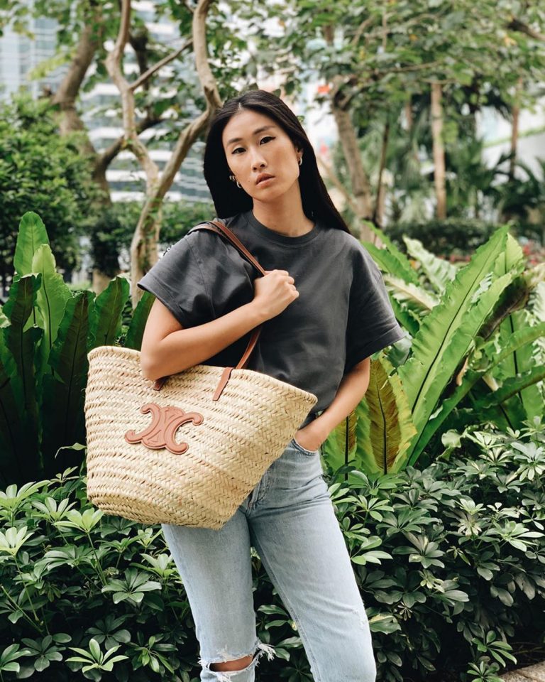 Celine Large Triomphe Raffia & Leather Basket Tote