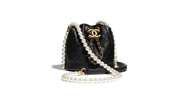 CHANEL Lambskin Quilted Pearl Crown Drawstring Bag Black 1254951