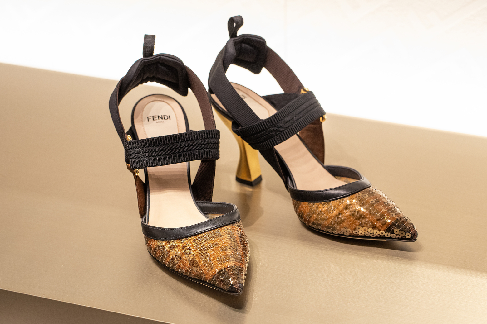 FENDI CRYSTAL HIGH-HEELED SLINGBACK 7 CM IN BRONZE BROWN SUEDE
